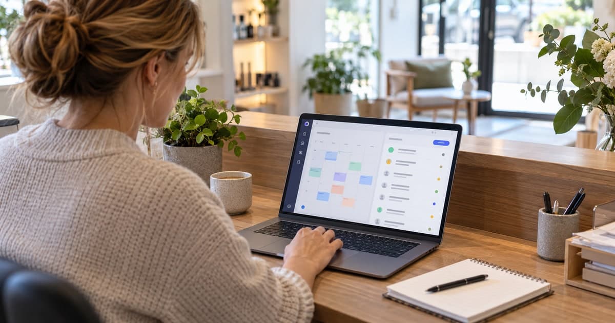 Person ser bokningskalender och kundärenden på en bärbar dator