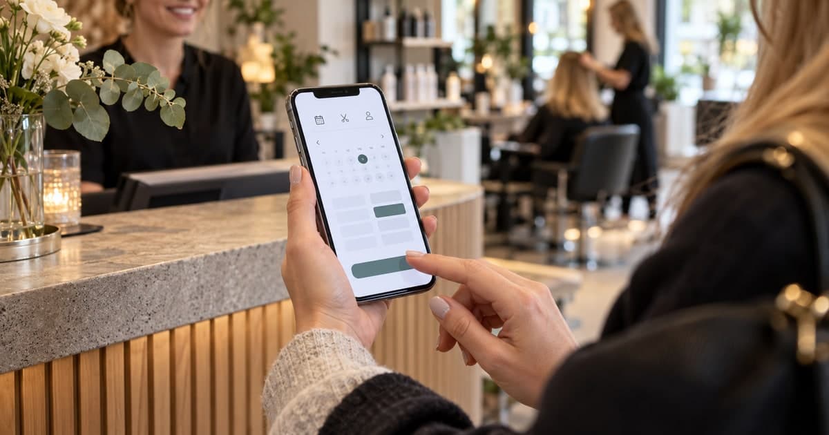 A customer books an appointment on a mobile phone at a salon reception