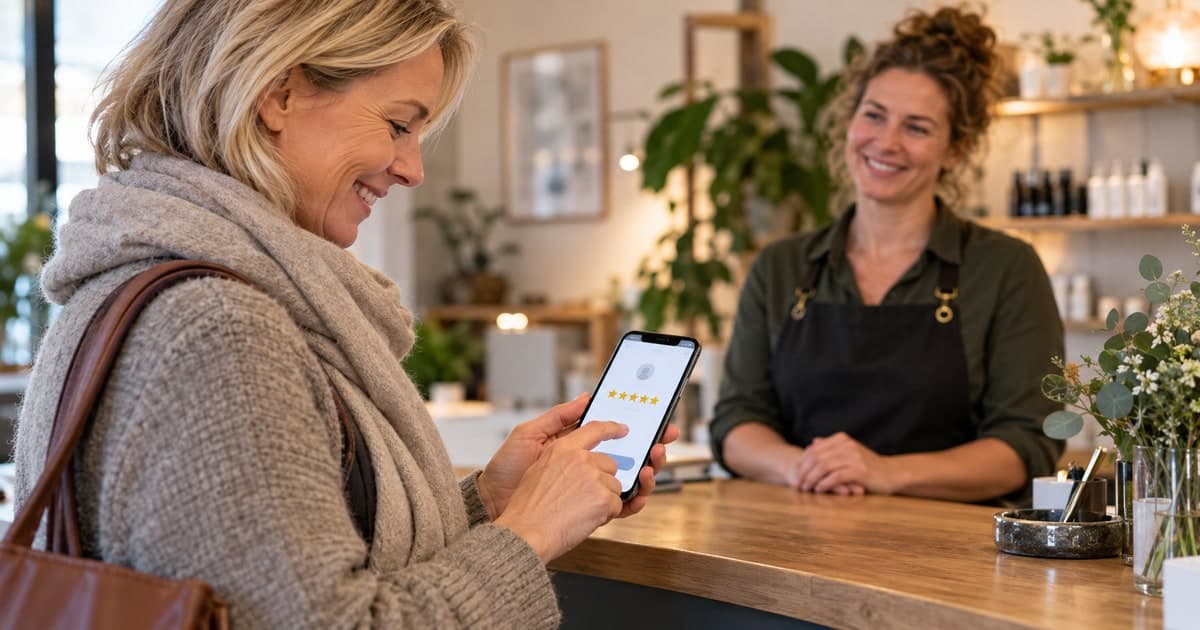 A customer leaves a star rating on a mobile phone after a salon visit