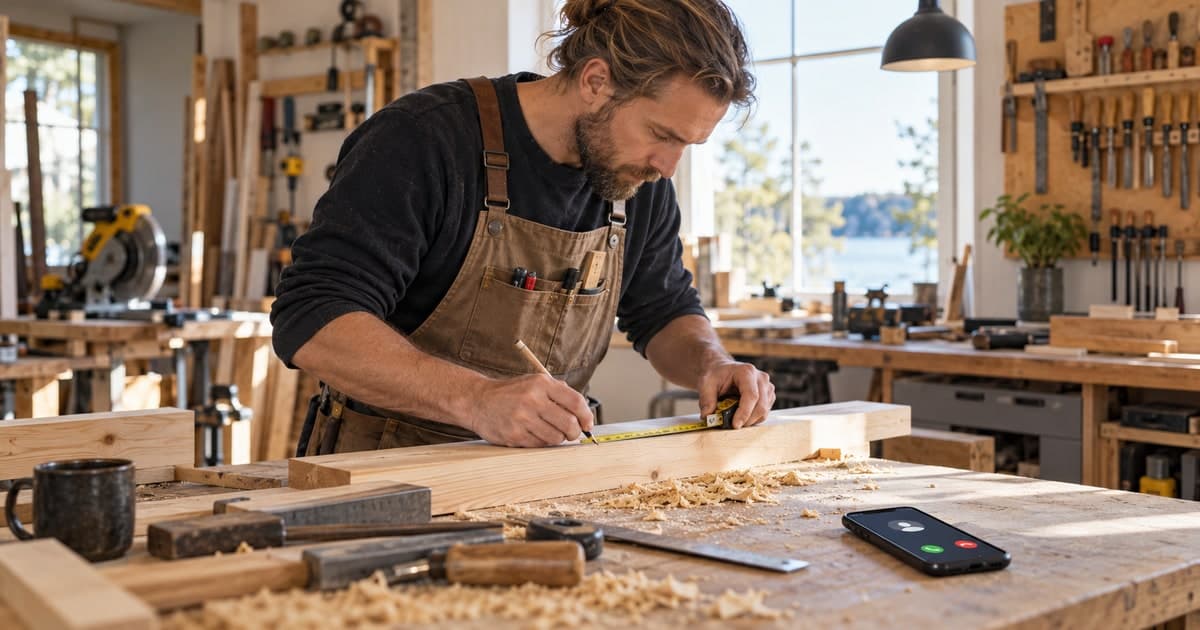 A carpenter works in a workshop while a mobile phone shows an incoming call